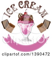 Poster, Art Print Of Cherry And Chocolate Ice Cream Sundae Dessert With Text And A Blank Banner
