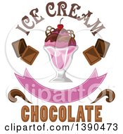 Poster, Art Print Of Cherry And Chocolate Ice Cream Sundae Dessert With Text