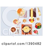 Poster, Art Print Of Traditional Swiss Cheese And Chocolate Fondue Served With Croutons And Fresh Vegetables Melted Cheese Raclette With Potatoes And Sausages Potato Fritter Rosti And Cured Lamb Bircher Muesli With Fresh Fruits And Wine Bottle