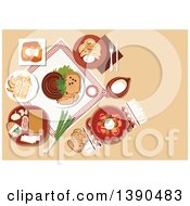 Poster, Art Print Of Ukrainian Cuisine Dishes With Borscht Served In Ceramic Pot And Sour Cream Stuffed Cabbage Rolls And Vegetable Dumplings Vareniki Topped With Fried Onion Sausages And Fatback Served With Garlic And Rye Bread Pancakes And Jug Of Milk