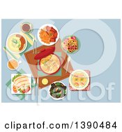 Poster, Art Print Of Traditional Belgian Cuisine With Ceramic Pot Of Chicken Stew Surrounded By Gratin Of Endives Wrapped With Ham Mashed Potato With Sausages Mussels And Beef Stew With French Fries White Pork Sausages And Waffles Topped With Fruits