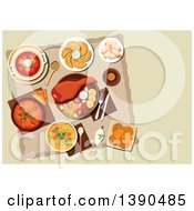 Poster, Art Print Of Polish Cuisine Dishes With Pork Leg And Grilled Vegetables Meat And Cabbage Stew Bigos Noodle Chicken Soup Vegetarian Dumplings Pierogi Beet Soup Potato Pancakes Cookies With Jam And Bottle Of Dark Beer