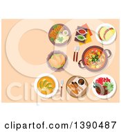 Poster, Art Print Of Argentine Cuisine With Cazuela And Seafood Empanadas And Vegetarian Tortillas Soup Locro With Avocado And Beef Shank Ossobuco Pork Chop Milanese Sauce Boats With Tuco And Chimichurri Sauces Hot Chocolate With Churros