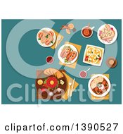 Poster, Art Print Of Traditional Czech Steak Tartare Served On Plate With Raw Egg Yolk Toasted Bread And Condiments And Sirloin With Dumplings Pickled Sausages With Pickles And Spicy Fried Bread Strawberry Dumplings And Pancakes Filled With Fruits Beer Bottle