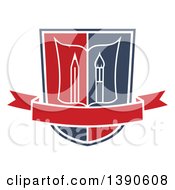 Poster, Art Print Of College Or University Design Of A Book With A Pencil And Paintbrush In A Shield