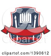 Clipart Of A College Or University Design Of An Open Book With A Pen And Paintbrush In A Shield Royalty Free Vector Illustration