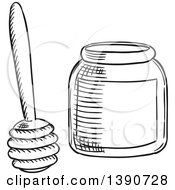 Clipart Of A Black And White Sketched Honey Dipper And Jar Royalty Free Vector Illustration