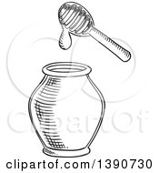 Black And White Sketched Honey Dipper And Jar