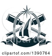 Clipart Of A Nautical Design With Crossed Telescopes Rope A Banner And Sailboats Royalty Free Vector Illustration