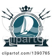 Poster, Art Print Of Nautical Design With Crossed Tridents A Crown Rope A Banner And Sailboats