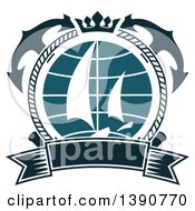 Clipart Of A Nautical Design With Crossed Anchors A Crown Rope A Banner And Sailboats Royalty Free Vector Illustration by Vector Tradition SM
