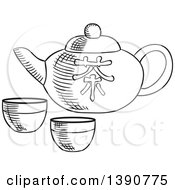 Clipart Of A Black And White Sketched Asian Tea Pot And Cups Royalty Free Vector Illustration