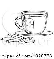 Clipart Of A Black And White Sketched Tea Cup With Leaves Royalty Free Vector Illustration