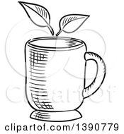 Clipart Of A Black And White Sketched Tea Cup And Leaves Royalty Free Vector Illustration