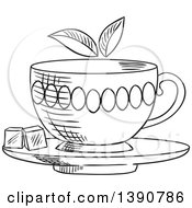 Clipart Of A Black And White Sketched Tea Cup With Sugar Cubes Royalty Free Vector Illustration