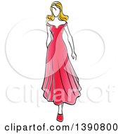 Clipart Of A Sketched Blond Faceless Woman Modeling A Red Dress Royalty Free Vector Illustration