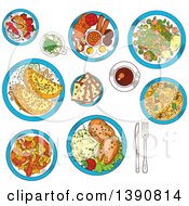 Poster, Art Print Of Sketched Irish Cuisine Dishes Served With Vegetable Lamb Stew And Potato Pancakes Boxty With Sauce Potato Stew Coddle With Sausages And Mashed Potato With Fish Raisin Bread And Meringue Dessert With Strawberries Green Beer And Coffee Cup