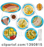 Poster, Art Print Of Sketched Romanian Cuisine With Whole Fish And Grilled Corn Mamaliga Meatball And Vegetarian Bean Soup Fried Potatoes With Fresh Vegetables And Lemon Pickled Cabbage Salad And Sweet Bread With Cheese Chocolate Cake Amandine And Coffee