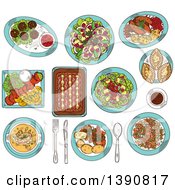 Sketched Finnish Cuisine Dishes Of Smoked Salmon Rice And Fish Rye Pies Sausages And Meatballs With Berry Jam Cabbage And Reindeer Stews Salads With Apples Cheese And Cloudberries Soup And Coffee
