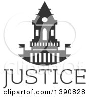 Clipart Of A Dark Gray Court House Over Justice Text Royalty Free Vector Illustration