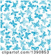 Poster, Art Print Of Seamless Background Pattern Of Blue Butterflies
