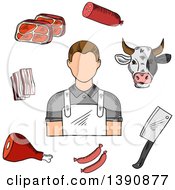 Poster, Art Print Of Sketched Butcher Cow And Meats