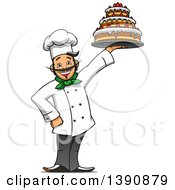 Poster, Art Print Of Cartoon Happy Male Baker Holding Up A Cake