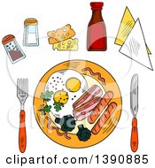 Poster, Art Print Of Sketched Breakfast Of Fried Eggs Bacon Sausag And Broccoli Served With Cheese Seasonings Ketchup And Napkins With Knife And Fork