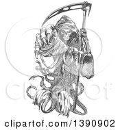 Clipart Of A Gray Sketched Grim Reaper Holding A Scythe And Reaching Out Royalty Free Vector Illustration by Vector Tradition SM