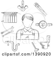 Clipart Of A Sketched Gray Radiator Of Heating System Water Faucet And Water Meter Toilet Adjustable Wrench Pipes System With Leak Spanners Plunger And Plumber Man Royalty Free Vector Illustration by Vector Tradition SM