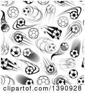 Poster, Art Print Of Seamless Background Pattern Of Black And White Flying Soccer Balls