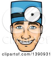 Poster, Art Print Of Cartoon Happy Male Surgeon Wearing A Headlamp
