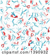 Clipart Of A Seamless Background Pattern Of Red And Blue Ribbon People Dancing Or Jumping Royalty Free Vector Illustration