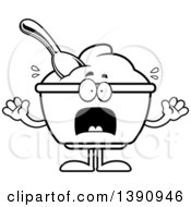 Clipart Of A Cartoon Black And White Lineart Scared Yogurt Mascot Character Royalty Free Vector Illustration by Cory Thoman