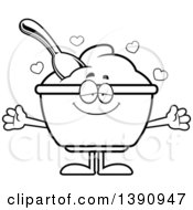 Clipart Of A Cartoon Black And White Lineart Loving Yogurt Mascot Character Wanting A Hug Royalty Free Vector Illustration