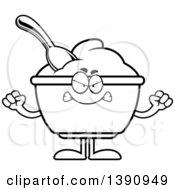 Clipart Of A Cartoon Black And White Lineart Mad Yogurt Mascot Character Royalty Free Vector Illustration by Cory Thoman