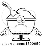 Clipart Of A Cartoon Black And White Lineart Sad Yogurt Mascot Character Royalty Free Vector Illustration by Cory Thoman