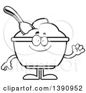 Clipart Of A Cartoon Black And White Lineart Friendly Waving Yogurt Mascot Character Royalty Free Vector Illustration by Cory Thoman