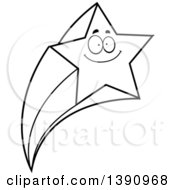 Clipart Of A Cartoon Black And White Lineart Happy Smiling Shooting Star Mascot Character Royalty Free Vector Illustration by Cory Thoman
