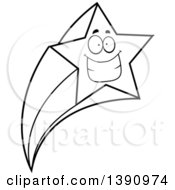 Clipart Of A Cartoon Black And White Lineart Grinning Happy Shooting Star Mascot Character Royalty Free Vector Illustration by Cory Thoman