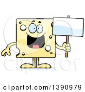 Cartoon Happy Swiss Cheese Mascot Character Holding A Blank Sign