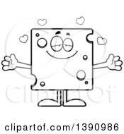 Clipart Of A Cartoon Black And White Lineart Loving Swiss Cheese Mascot Character Wanting A Hug Royalty Free Vector Illustration by Cory Thoman