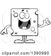 Clipart Of A Cartoon Black And White Lineart Smart Swiss Cheese Mascot Character With An Idea Royalty Free Vector Illustration