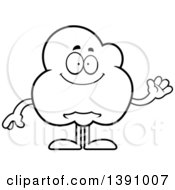 Clipart Of A Cartoon Black And White Lineart Friendly Waving Popcorn Mascot Character Royalty Free Vector Illustration by Cory Thoman