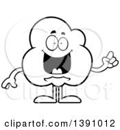 Clipart Of A Cartoon Black And White Lineart Smart Popcorn Mascot Character With An Idea Royalty Free Vector Illustration