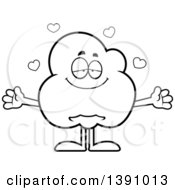 Clipart Of A Cartoon Black And White Lineart Loving Popcorn Mascot Character Wanting A Hug Royalty Free Vector Illustration by Cory Thoman