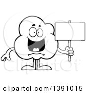 Clipart Of A Cartoon Black And White Lineart Happy Popcorn Mascot Character Holding A Blank Sign Royalty Free Vector Illustration
