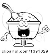 Cartoon Black And White Lineart Smart Bowl Of Oatmeal Mascot Character With An Idea