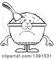 Clipart Of A Cartoon Black And White Lineart Depressed Bowl Of Oatmeal Mascot Character Royalty Free Vector Illustration by Cory Thoman