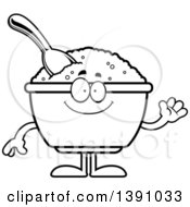 Cartoon Black And White Lineart Friendly Waving Bowl Of Oatmeal Mascot Character